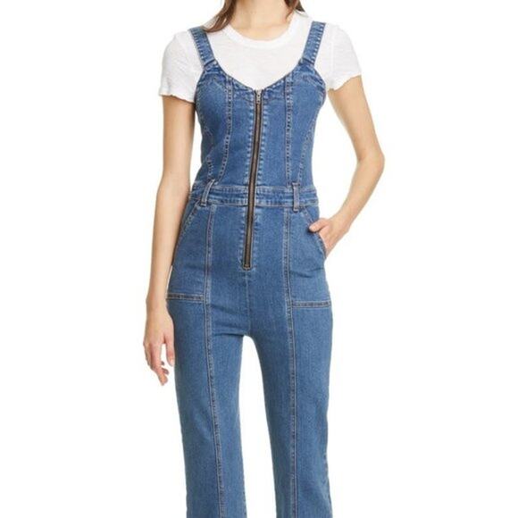 VERONICA BEARD Fayre Jumpsuit Denim Flare Leg Front Zip V Neck Blue NWT - Picture 4 of 12